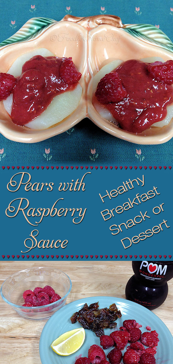 Pears with Raspberry Sauce - These pears taste absolutely decadent, like something you'd be served in an expensive restaurant, yet they're healthy & easy to make! The raspberry sauce is naturally sweetened with dates, making this recipe a delicious breakfast, anytime snack or fabulous dessert. --------- #Pears #RaspberrySauce #PearRecipes #RaspberryRecipes #FruitRecipes #Breakfast #Snack #Dessert #HealthyDessert #HealthyRecipes #VeganRecipes #VegetarianRecipes #Recipes #Recipe #FoodieHomeChef
