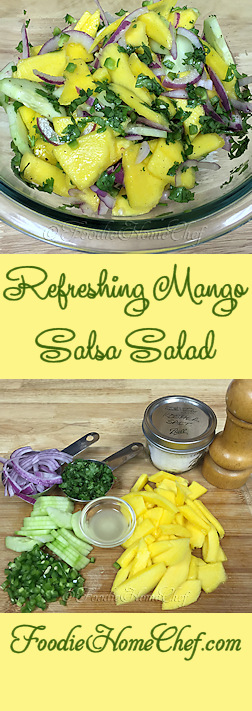 Refreshing Mango Salsa Salad - This salsa salad pairs up nicely with both Mexican & some Seafood dishes. It's so healthy, amazingly easy to prepare & if you have more than 2 people to serve... just double, triple or quadruple the recipe & you can serve the whole gang! --------- #Food #Cooking #Recipes #Recipe #Cuisine #GreatFood #HomeCooking #MangoSalsa #Salsa #MexicanFood #MexicanRecipes #Salad #SaladRecipes #MangoRecipes #SideDishes
