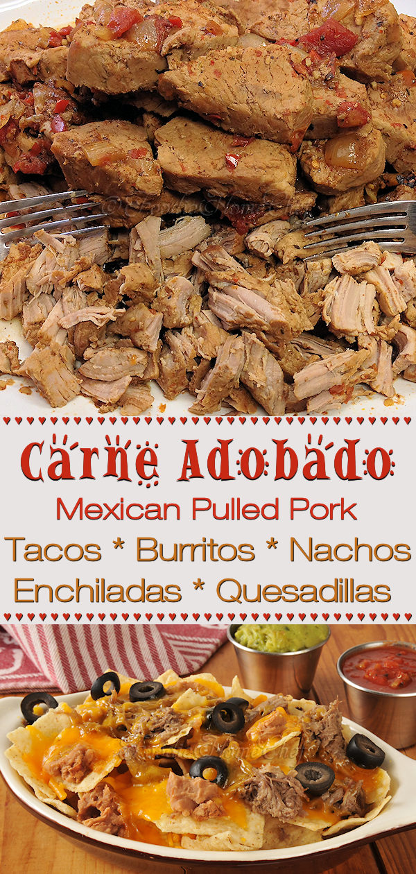 What is Carne Adobado you ask? It's an awesome chile marinated & Mexican spiced shredded pork with a variety of uses, such as a filling for tacos, burritos, enchiladas, quesadillas, nachos & more. This recipe makes a large batch that lasts a long time. It's freezer friendly, so it's well worth the effort! --------- #MexicanFood #MexicanRecipes #Carne #CarneAdobado #MexicanPulledPork #PulledPork #PorkRecipes #Tacos #TacoFilling #CincodeMayo #Food #Cooking #Recipes #Recipe #FoodieHomeChef
