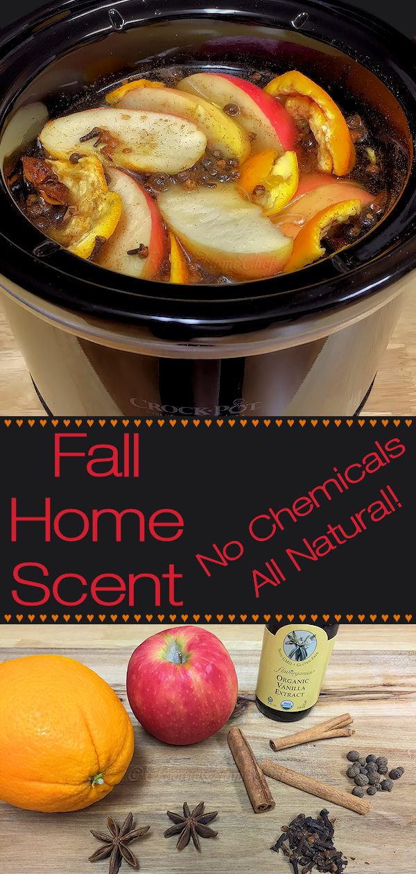 Fall Home Scent by Foodie Home Chef is a chemical free, all natural recipe that will have your home smelling like all the comforting scents of Fall. It takes several hours to start wafting through your house, but once it does... it smells heavenly! You can make this either in a small crock-pot or on your stove top.
#FallHomeScent #NaturalHomeScent #NaturalPotpourri #ChemicalFreeHomeScent #CrockPotRecipes #Fall #FallRecipes #AutumnRecipes #Recipes #Thanksgiving #foodiehomechef @foodiehomechef