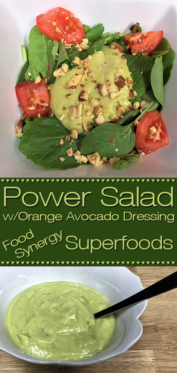 Power Salad with Orange Avocado Salad Dressing by Foodie Home Chef has reached food synergy heaven. Food synergy is when certain superfoods are combined together to create an even healthier food. In this case it's Avocado & Tomato, Kale & Almonds, Orange & Avocado making this one delicious, super healthy salad! #PowerSalad #SaladRecipes #Salad #SaladDressings #SaladDressingRecipes #HomemadeSaladDressing #KetoRecipes #VegetarianRecipes #VeganRecipes #HealthyRecipes #foodiehomechef @foodiehomechef
