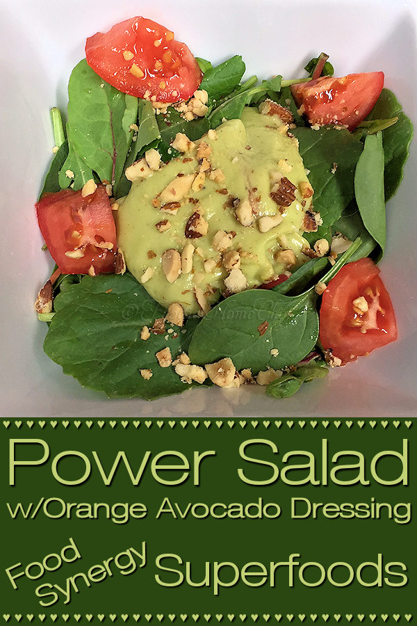 Power Salad with Orange Avocado Salad Dressing by Foodie Home Chef has reached food synergy heaven. Food synergy is when certain superfoods are combined together to create an even healthier food. In this case it's Avocado & Tomato, Kale & Almonds, Orange & Avocado making this one delicious, super healthy salad! #PowerSalad #SaladRecipes #Salad #SaladDressings #SaladDressingRecipes #HomemadeSaladDressing #KetoRecipes #VegetarianRecipes #VeganRecipes #HealthyRecipes #foodiehomechef @foodiehomechef