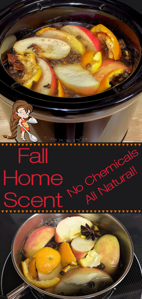 Fall Home Scent by Foodie Home Chef is a chemical free, all natural recipe that will have your home smelling like all the comforting scents of Fall. It takes several hours to start wafting through your house, but once it does... it smells heavenly! You can make this either in a small crock-pot or on your stove top. Fall Home Scent | Natural Home Scent | Natural Potpourri | Chemical Free Home Scent | Crock Pot Recipes | Fall Recipes | Thanksgiving | #foodiehomechef @foodiehomechef
