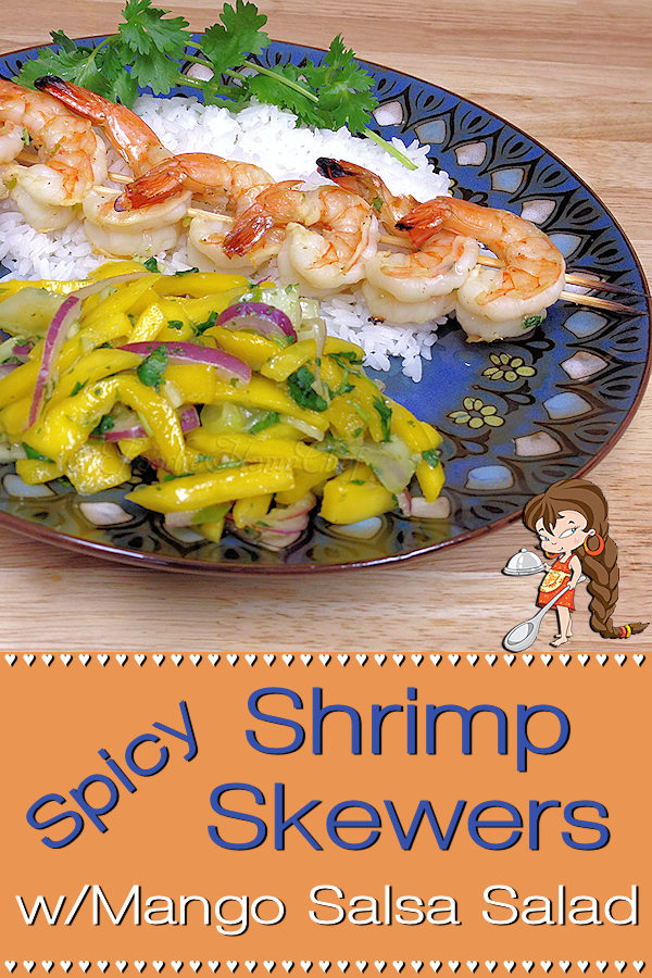 Looking for something a little different for dinner? Spicy Shrimp Skewers by Foodie Home Chef fits the bill. Throw 'em on the grill or broil in the oven, no matter how you prepare them, they're seriously delicious! Included is a recipe for Mango Salsa Salad that pairs up perfectly with this fabulous dish!  Shrimp Skewers | Shrimp Recipes | Grilled Shrimp | Broiled Shrimp | Seafood Recipes | Sheet Pan Recipes | Mango Salsa | Salsa Recipes | Mexican Recipes | #foodiehomechef @foodiehomechef
